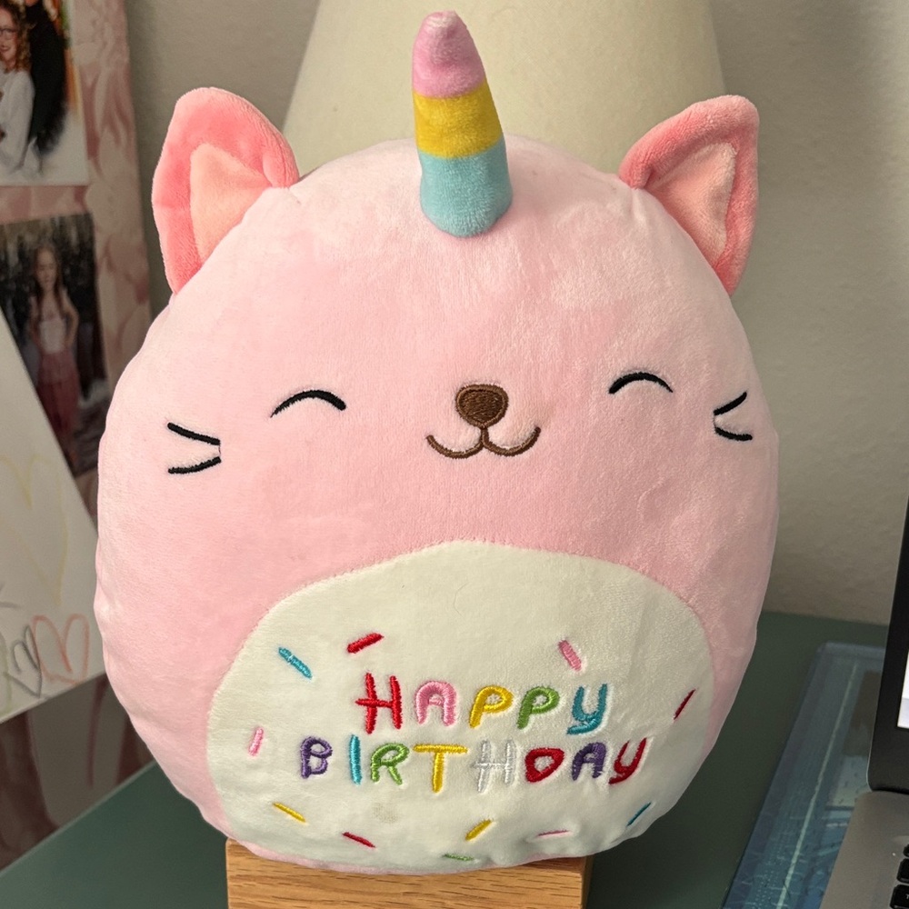 Pink Unicorn Cat Plush - Happy Birthday